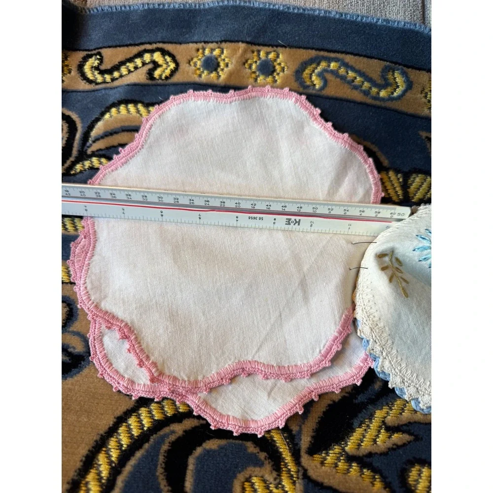 Vintage Linen Doilies Crochet Lace Edging Pastel Pink Blue Cream Set Cottagecore